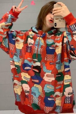 Y2K Cartoon Print Drawstring Hoodie - Retro 90s Grunge, Summer Outfits, Y2K Fashion Essentials