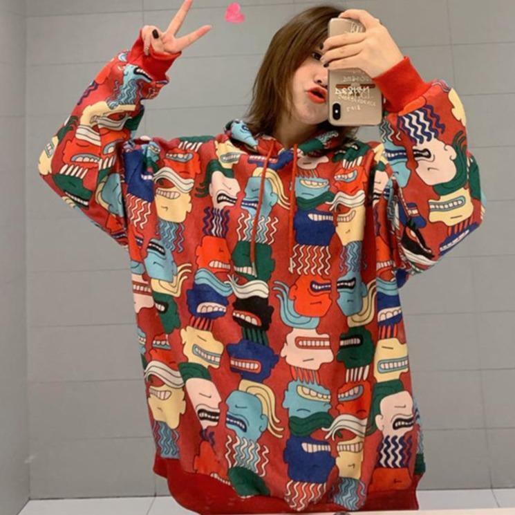 Y2K Cartoon Print Drawstring Hoodie - Retro 90s Grunge, Summer Outfits, Y2K Fashion Essentials