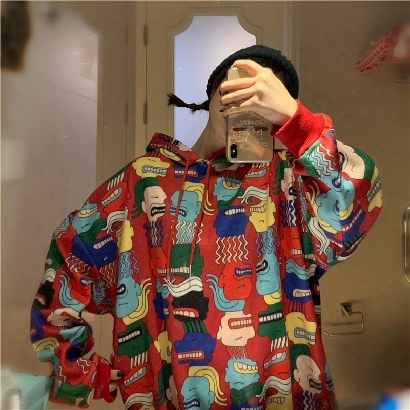 Y2K Cartoon Print Drawstring Hoodie - Retro 90s Grunge, Summer Outfits, Y2K Fashion Essentials