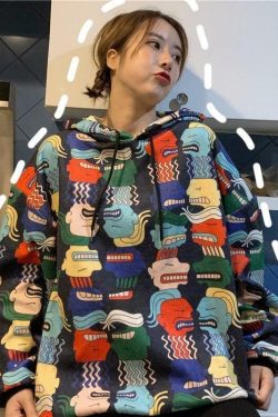 Y2K Cartoon Print Drawstring Hoodie - Retro 90s Grunge, Summer Outfits, Y2K Fashion Essentials