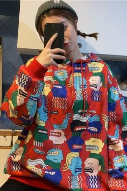 Y2K Cartoon Print Drawstring Hoodie - Retro 90s Grunge, Summer Outfits, Y2K Fashion Essentials
