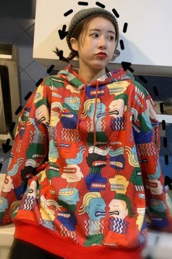 Y2K Cartoon Print Drawstring Hoodie - Retro 90s Grunge, Summer Outfits, Y2K Fashion Essentials