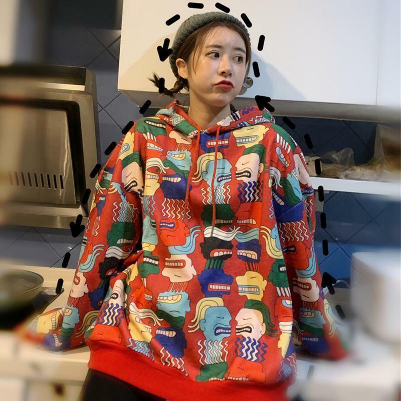 Y2K Cartoon Print Drawstring Hoodie - Retro 90s Grunge, Summer Outfits, Y2K Fashion Essentials