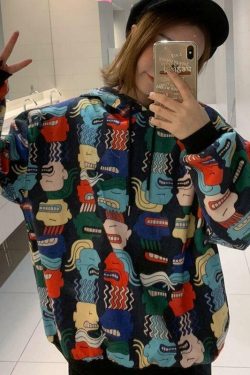 Y2K Cartoon Print Drawstring Hoodie - Retro 90s Grunge, Summer Outfits, Y2K Fashion Essentials