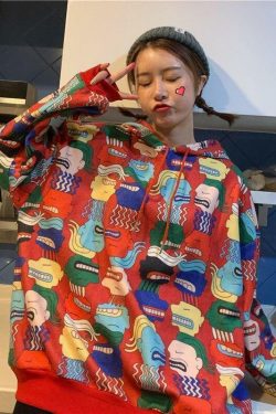 Y2K Cartoon Print Drawstring Hoodie - Retro 90s Grunge, Summer Outfits, Y2K Fashion Essentials
