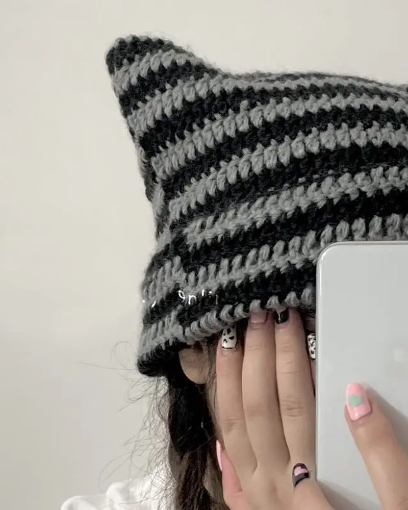 Y2K Cat Ear Beanie - Retro 90s Grunge, Pastel Goth, and Summer Y2K Fashion Accessory