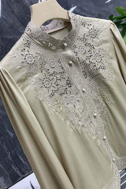 Y2K Champagne Silk Hollow Out Stand Collar Long Sleeve Top - Retro 90s Grunge Fashion