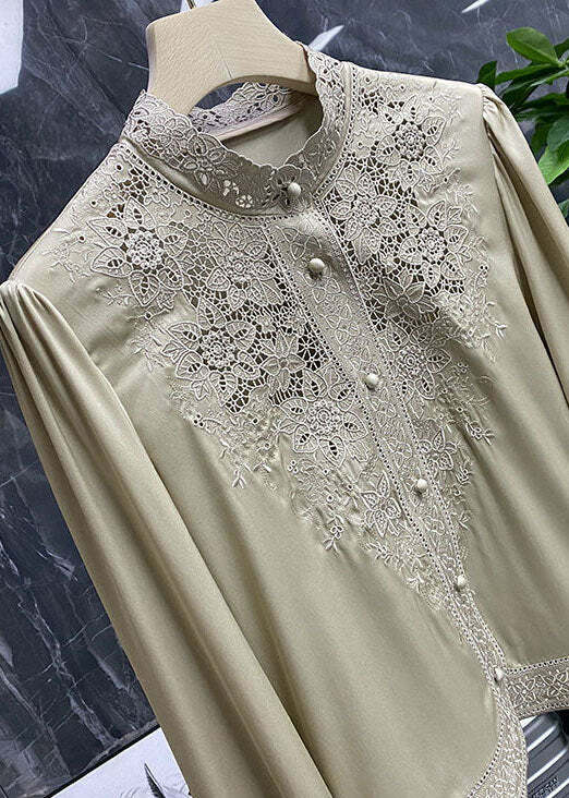 Y2K Champagne Silk Hollow Out Stand Collar Long Sleeve Top - Retro 90s Grunge Fashion