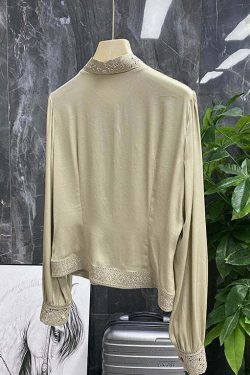 Y2K Champagne Silk Hollow Out Stand Collar Long Sleeve Top - Retro 90s Grunge Fashion