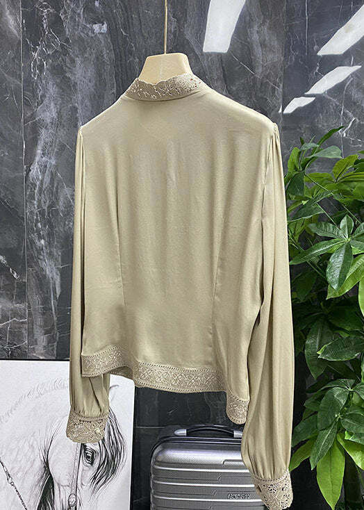 Y2K Champagne Silk Hollow Out Stand Collar Long Sleeve Top - Retro 90s Grunge Fashion