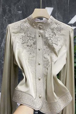 Y2K Champagne Silk Hollow Out Stand Collar Long Sleeve Top - Retro 90s Grunge Fashion