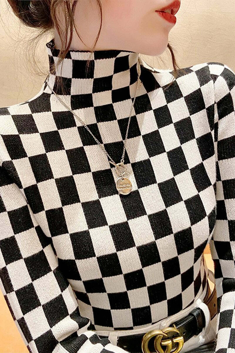 Y2K Checkerboard Knit Turtleneck Sweater - Retro 90s Grunge Fashion, Y2K Summer & Party Outfits