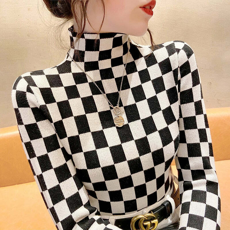 Y2K Checkerboard Knit Turtleneck Sweater - Retro 90s Grunge Fashion, Y2K Summer & Party Outfits