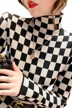 Y2K Checkerboard Knit Turtleneck Sweater - Retro 90s Grunge Fashion, Y2K Summer & Party Outfits