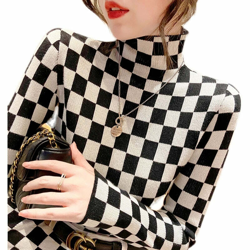 Y2K Checkerboard Knit Turtleneck Sweater - Retro 90s Grunge Fashion, Y2K Summer & Party Outfits