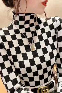 Y2K Checkerboard Knit Turtleneck Sweater - Retro 90s Grunge Fashion, Y2K Summer & Party Outfits