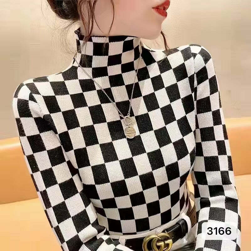 Y2K Checkerboard Knit Turtleneck Sweater - Retro 90s Grunge Fashion, Y2K Summer & Party Outfits