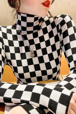 Y2K Checkerboard Knit Turtleneck Sweater - Retro 90s Grunge Fashion, Y2K Summer & Party Outfits