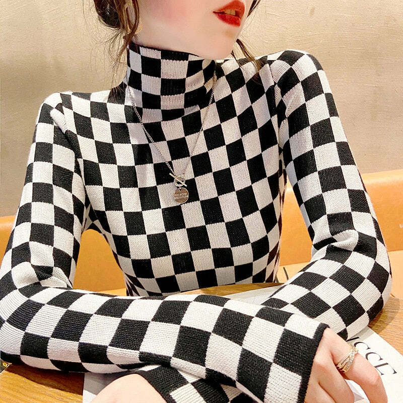 Y2K Checkerboard Knit Turtleneck Sweater - Retro 90s Grunge Fashion, Y2K Summer & Party Outfits