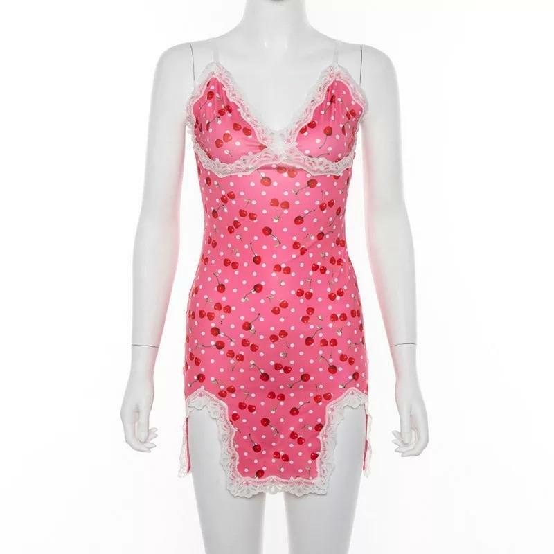Y2K Cherry Slit Dress � Retro 90s Grunge Summer Outfit, Perfect for Y2K Parties & Clubbing