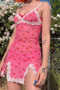 Y2K Cherry Slit Dress � Retro 90s Grunge Summer Outfit, Perfect for Y2K Parties & Clubbing