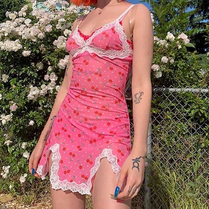 Y2K Cherry Slit Dress � Retro 90s Grunge Summer Outfit, Perfect for Y2K Parties & Clubbing