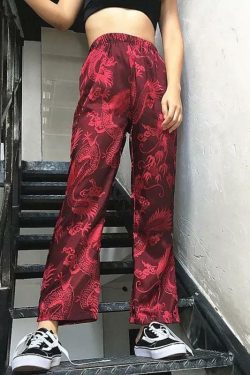 Y2K Chinese Dragon Style Pants - Retro 90s Grunge, Summer Outfits, Y2K Fashion Essentials