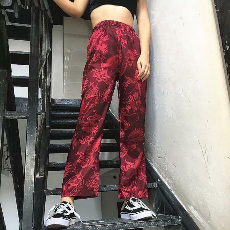 Y2K Chinese Dragon Style Pants - Retro 90s Grunge, Summer Outfits, Y2K Fashion Essentials