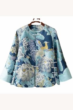 Y2K Chinese Style Blue Embroidered Silk Coat - Retro 90s Grunge Oriental Button Spliced Jacket