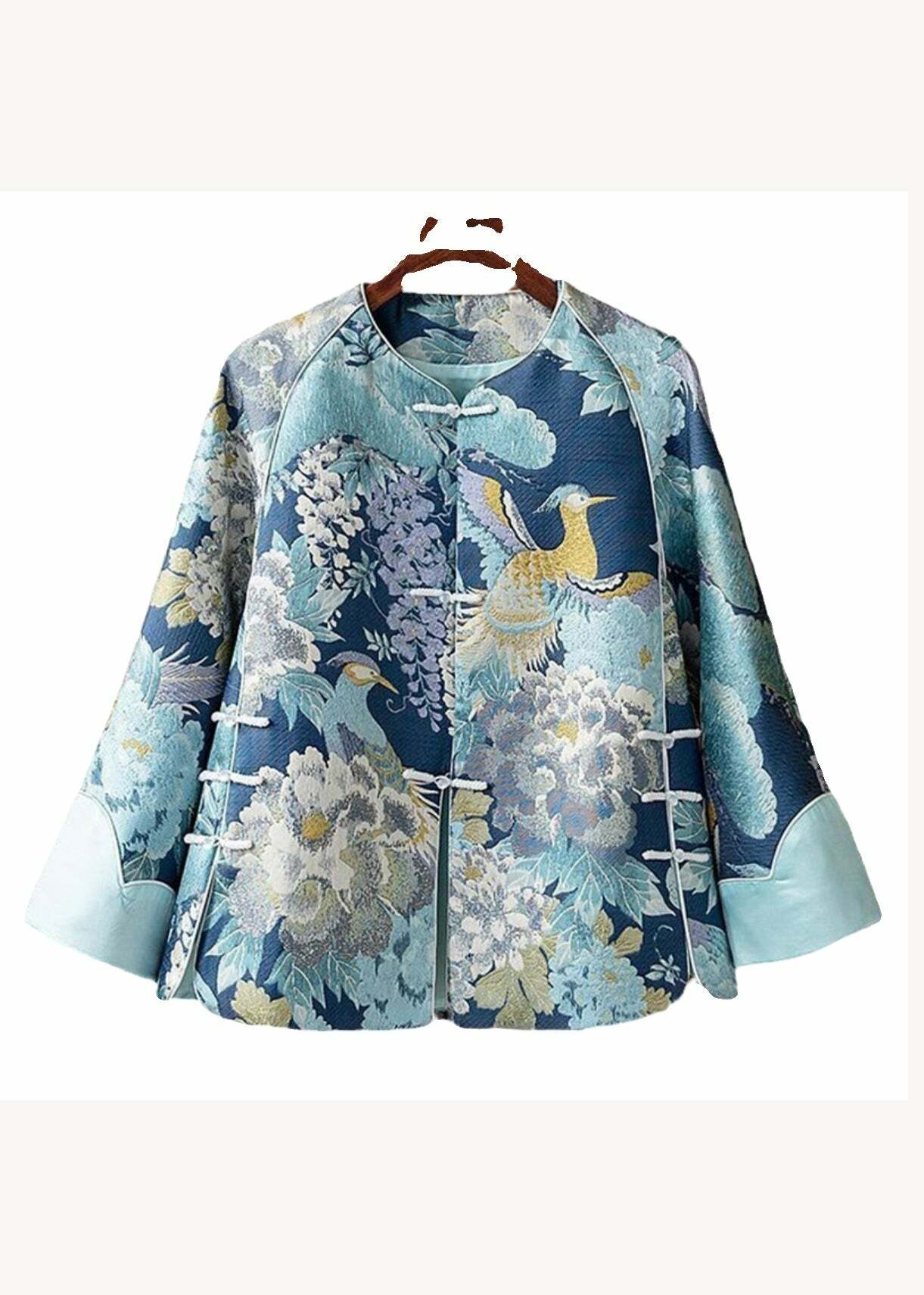 Y2K Chinese Style Blue Embroidered Silk Coat - Retro 90s Grunge Oriental Button Spliced Jacket