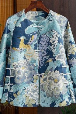 Y2K Chinese Style Blue Embroidered Silk Coat - Retro 90s Grunge Oriental Button Spliced Jacket
