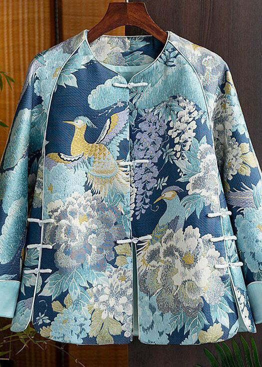 Y2K Chinese Style Blue Embroidered Silk Coat - Retro 90s Grunge Oriental Button Spliced Jacket