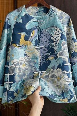 Y2K Chinese Style Blue Embroidered Silk Coat - Retro 90s Grunge Oriental Button Spliced Jacket