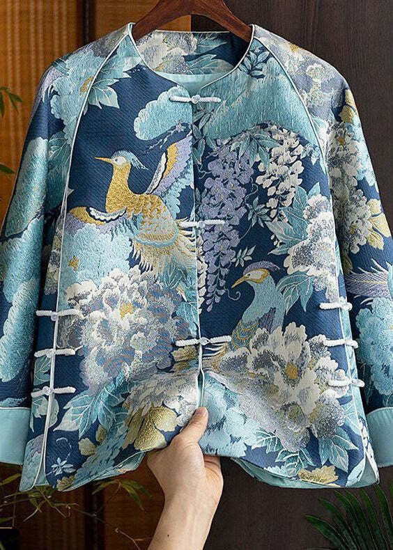 Y2K Chinese Style Blue Embroidered Silk Coat - Retro 90s Grunge Oriental Button Spliced Jacket