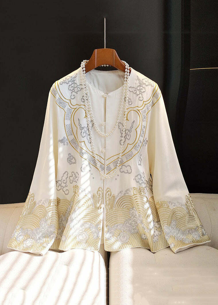 Y2K Chinese Style White Embroidered Silk Coat - Long Sleeve Retro 90s Grunge Fashion
