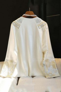 Y2K Chinese Style White Embroidered Silk Coat - Long Sleeve Retro 90s Grunge Fashion