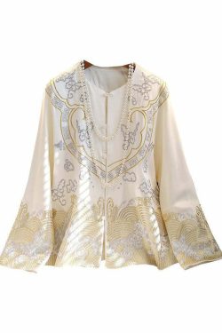 Y2K Chinese Style White Embroidered Silk Coat - Long Sleeve Retro 90s Grunge Fashion