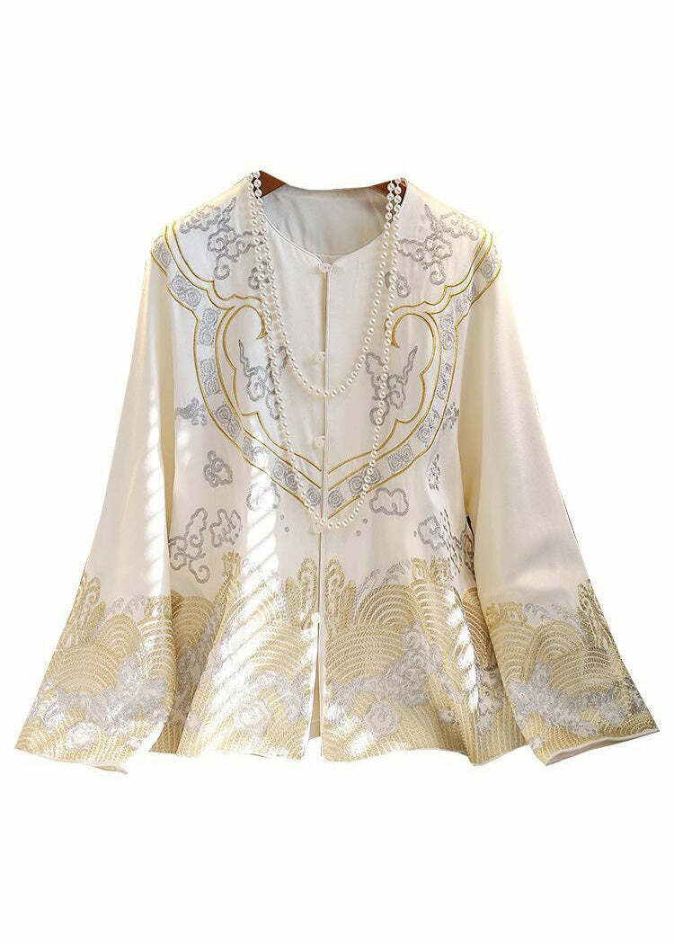 Y2K Chinese Style White Embroidered Silk Coat - Long Sleeve Retro 90s Grunge Fashion