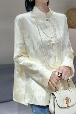 Y2K Chinese Style White Jacquard Silk Blouse - Retro 90s Grunge, Summer & Party Outfits