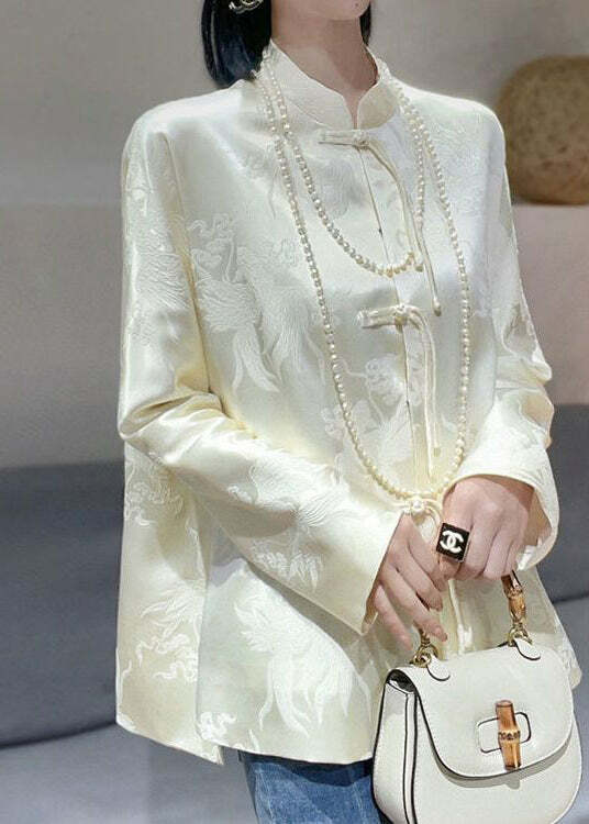 Y2K Chinese Style White Jacquard Silk Blouse - Retro 90s Grunge, Summer & Party Outfits