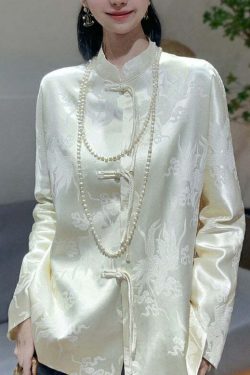 Y2K Chinese Style White Jacquard Silk Blouse - Retro 90s Grunge, Summer & Party Outfits