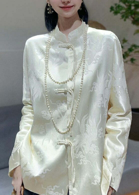 Y2K Chinese Style White Jacquard Silk Blouse - Retro 90s Grunge, Summer & Party Outfits