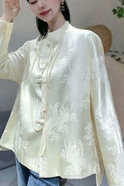 Y2K Chinese Style White Jacquard Silk Blouse - Retro 90s Grunge, Summer & Party Outfits