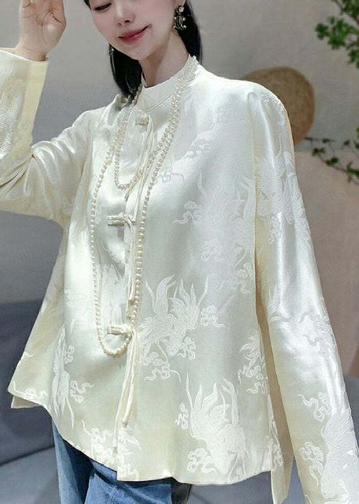 Y2K Chinese Style White Jacquard Silk Blouse - Retro 90s Grunge, Summer & Party Outfits