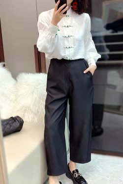 Y2K Chinese Style White Silk Blouse with Stand Collar, Button Jacquard, and Lantern Sleeves
