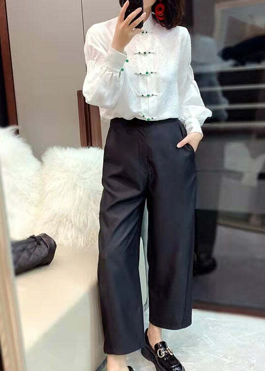 Y2K Chinese Style White Silk Blouse with Stand Collar, Button Jacquard, and Lantern Sleeves