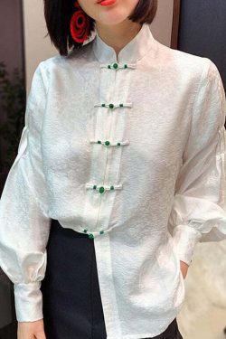 Y2K Chinese Style White Silk Blouse with Stand Collar, Button Jacquard, and Lantern Sleeves