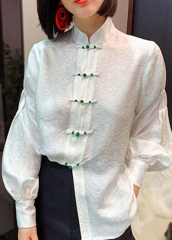 Y2K Chinese Style White Silk Blouse with Stand Collar, Button Jacquard, and Lantern Sleeves