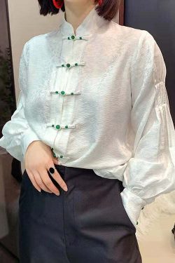 Y2K Chinese Style White Silk Blouse with Stand Collar, Button Jacquard, and Lantern Sleeves