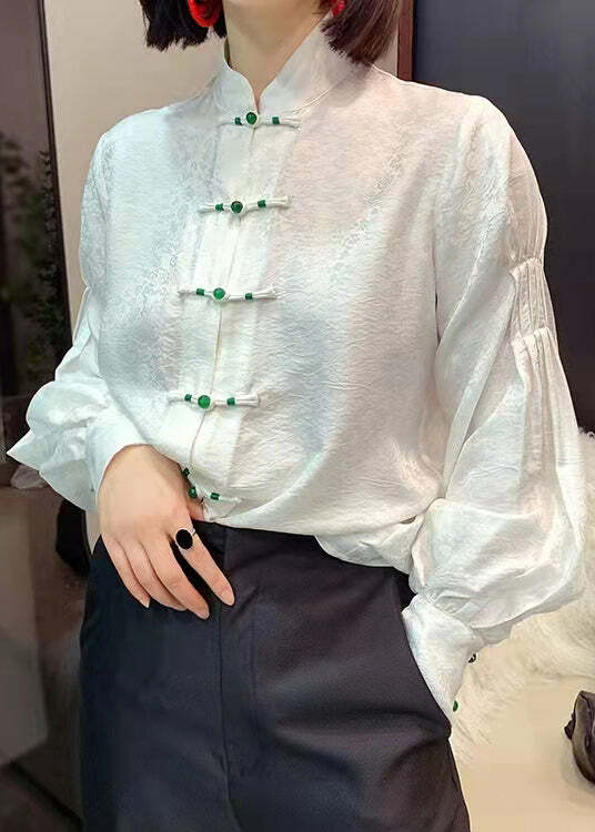 Y2K Chinese Style White Silk Blouse with Stand Collar, Button Jacquard, and Lantern Sleeves